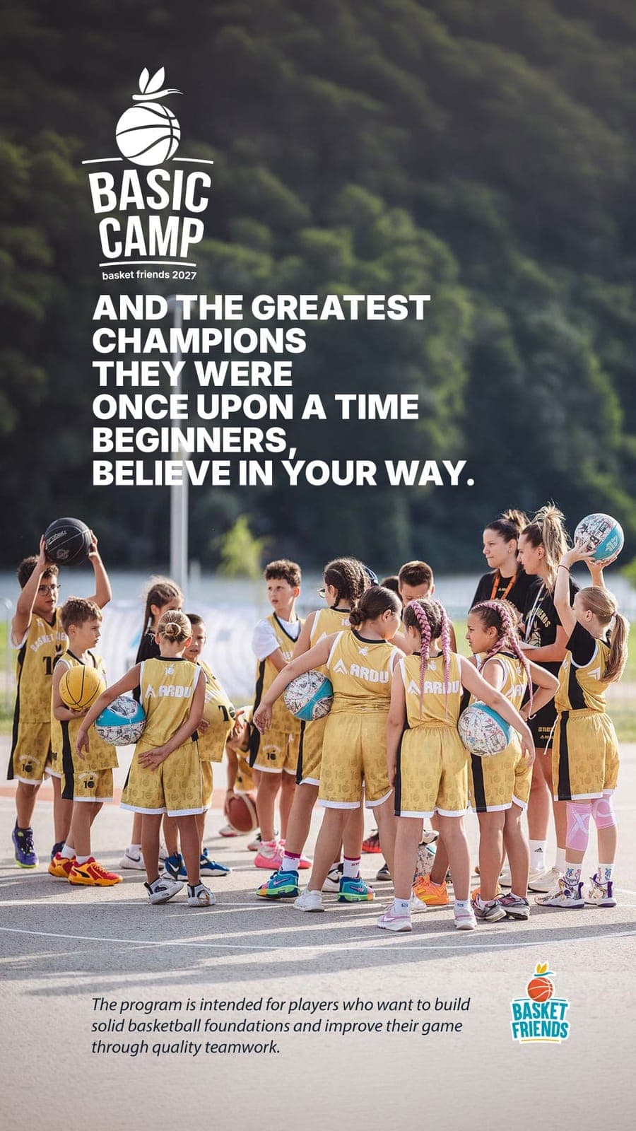 Basic Camp poster with young players in a huddle