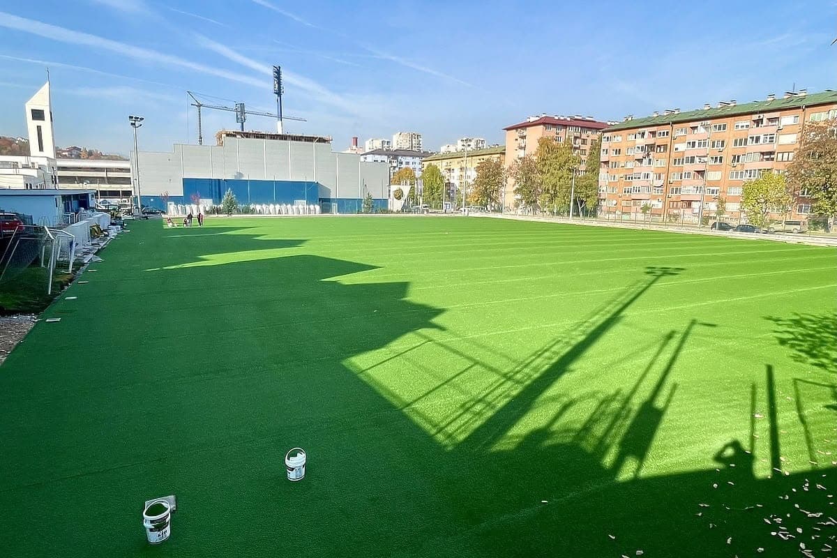 Newly laid green turf training pitch